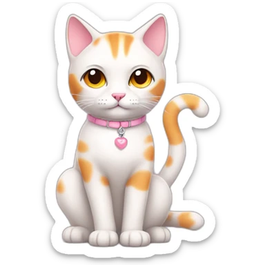 full body white orange cat cute with a small black eyes and a paw pink necklace sticker