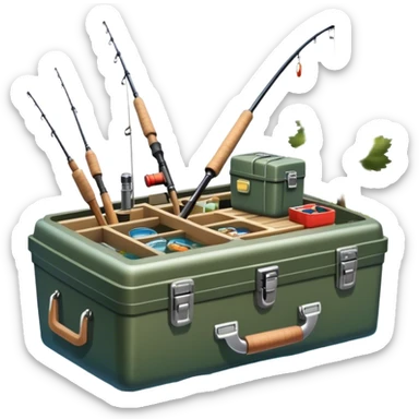 Icon for Fishing: a boat on the shore of a peaceful water body with a beautiful natural landscape, a fishing tackle box, a spinning rod. The icon should capture the tranquility and gear of a fishing adventure. Without frame. Transparent background. sticker