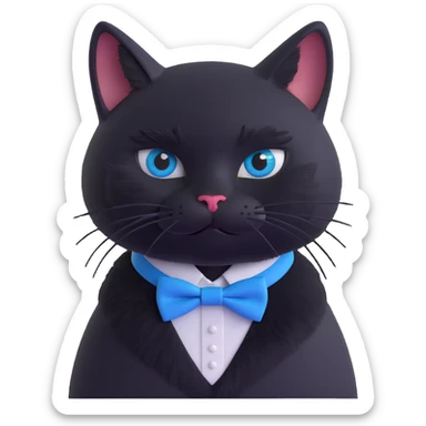 solid black cat no tuxedo markings wearing a blue bowtie collar, 3D style, realistic details, soft fur, expressive eyes sticker