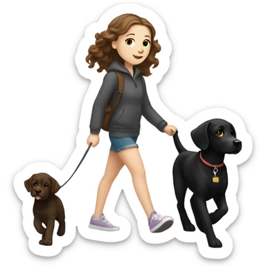 White girl with wavy brown hair walking a black Labrador sticker
