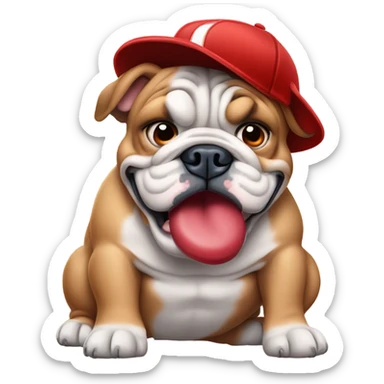 English bulldog with blue eyes tearing up a red baseball hat sticker