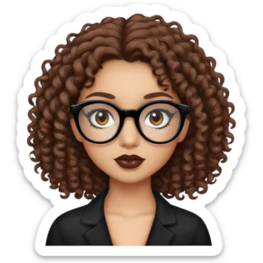 Uma menina de cabelo cacheado castanhos e branca com olhos castanhos escuro e de óculos preto e com maquiagem sticker