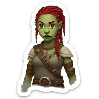 Half-Orc girl with red braided dreadlocks and red eyes, with tiny tusk, winking sticker