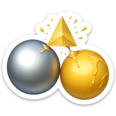 two balls touching each other with a thin triangle coming out from the top, and a yellow splash coming from the triangle sticker