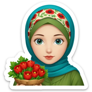 Turkish beautiful finish Konya girl blue eyes with poppy floral hijab and green red dress and she had on her hand vegetables  sticker