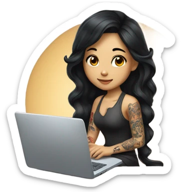 beautiful girl, with arm tattoos, with long black hair, wavy hair, chinese, with laptop sticker