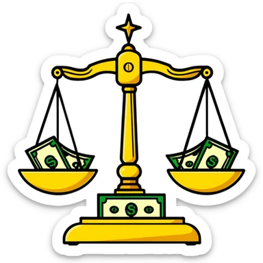 A decorative gold balance scale with green money and dollar signs on one side and three colorful stars on the other side sticker