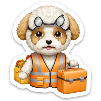 white maltipoo with construction vest and lunch box sticker