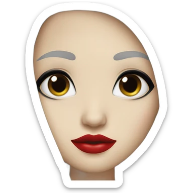 long straight black hair, red lipstick, black eyes, white skin and a small nose sticker