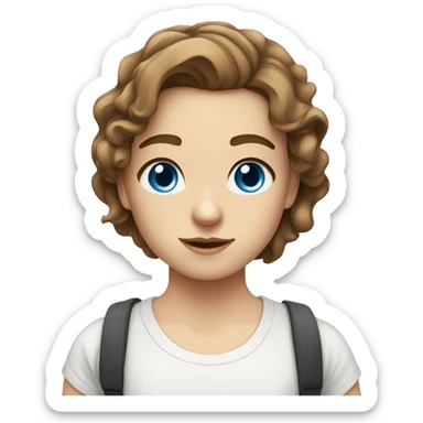 white girl, shoulder length wavy brown hair, blue eyes, white t shirt sticker