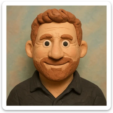 Create a claymation-style portrait emoji based on the person in the reference image, looking a bit younger with a friendly expression. Use pastel colors and ensure visible clay texture. Focus on head and shoulders only. sticker