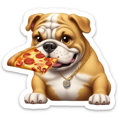 A bull dog eating pizza and wearing a golden chain sticker