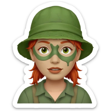 messy green full face clay mask and tourist hat red hair  sticker