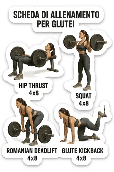 scheda di allenamento glutei in italiano con le reps scritte (tipo 4x8 ecc), iperrealistico 4k sticker