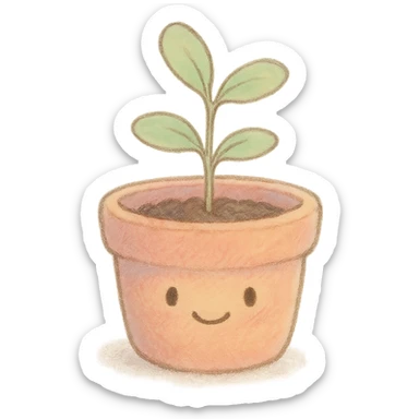 tiny pastel plant pot, Japanese soft hand-drawn, full object, with a gentle smile sticker