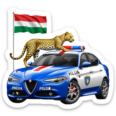crea auto di servzio alfa romeo giulia colore nero con la scritta sul lato polizia penitenziaria e la un leopardo e la bandiera italiana sticker