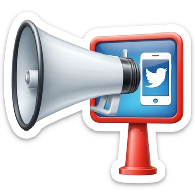 An icon featuring a megaphone, a billboard, and social media icons, symbolizing advertising and public relations. The design includes a press release and a rising graph, representing brand promotion and communication strategies. Transparent background highlights media influence and outreach. sticker