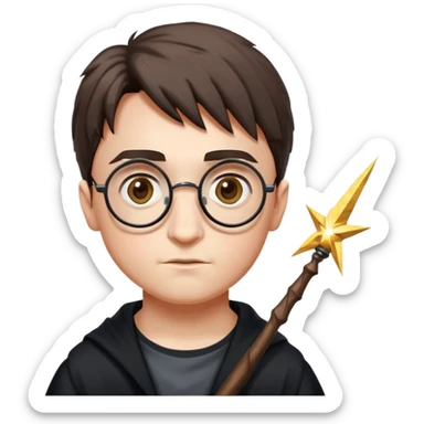 harry potter with round glasses, lightning scar, and wand sticker