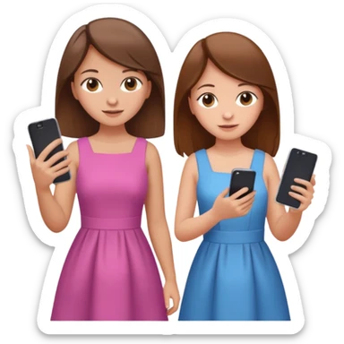 two brown haired girls, looking professional maybe leaned on each others back and looking forward and using phones, with longer hair and with some cute clothes without ties maybe dresses, one girl can hold lap top another one can hold the phone sticker