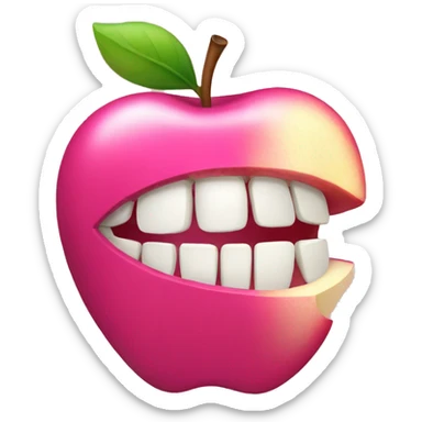 a pink apple with a bite sticker