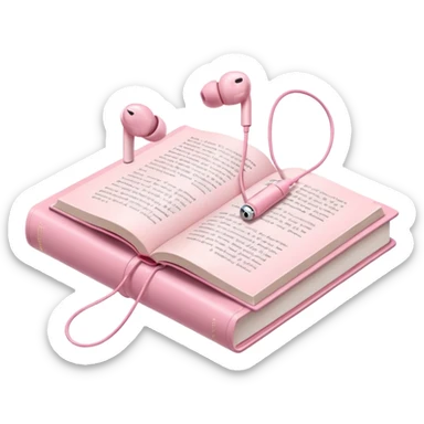  pink Pink Apple-style earbuds lying on an open book, soft pastel tones, cozy and minimal aesthetic, realistic lighting and shadows, top-down view, transparent background" sticker