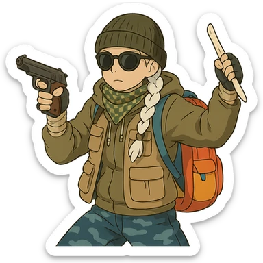 1 female, long white braid, knit cap, dark sunglasses, shemegh neckwrap, fishing vest, vibrant shool backpack, drab hoodie, handwraps, blue camo pants, makarov in 1 hand, bone shiv up and fighting backhand in the other hand sticker