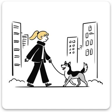 Blonde woman walking a happy Siberian husky in New York City on an upper east side city sidewalk  sticker