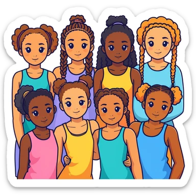 nine girls six girls with curly hair, tan skin and one girl braids and dark skin and two girls tan skin and straight hair sticker