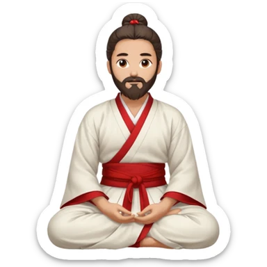 Beautiful man with lightly tan skin and dark long beard, long hair in bun, in white and red Hanfu sitting on the ground sticker