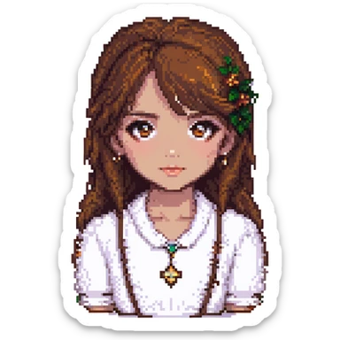 Change the girl's eyes to a rich brown color, keep the pixel art style and the sunset background. sticker