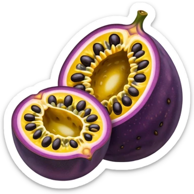 whole round purple passion fruit with slightly wrinkled matte skin next to a halved piece exposing vibrant yellow pulp filled with glossy black seeds juicy jelly-like texture bold contrast between rind and interior no leaf spoon or extras soft lighting subtle shadows emoji scale sticker