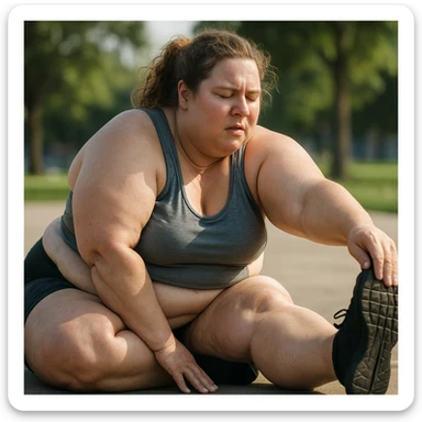 overweight woman stretching, stubborn fat on legs and thighs, hyper realistic 4K style, muscle details, natural light sticker