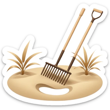 Minimalist emoji of a Japanese zen garden rake with four teeth, elegant thin lines, light wood tone, sand-beige palette, flat vector style, calm and balanced aesthetic, zen-inspired, transparent background, premium minimal design sticker