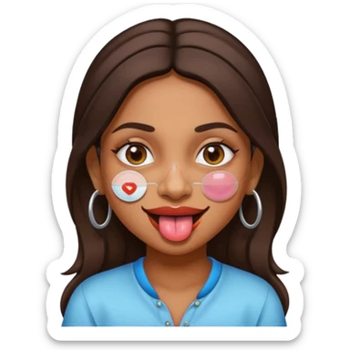 make a tongue sticking out expression for this indian girl that has transparent under ey patches sticker