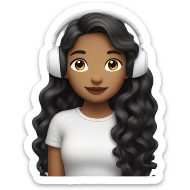Girl with brown eyes and long black wavy hair listening music with airpods max sticker