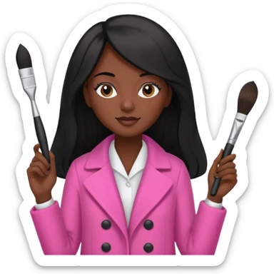 Cosmetologist, dark skin, long black hair, with cosmetology brush, and pink coat sticker