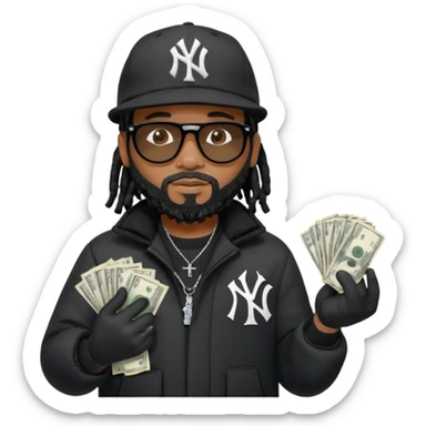 African American man with shoulder length black dreadlocks with black beard wearing black sunglasses wearing a black New York Yankees logo baseball Cap wearing a black bubble winter coat spreading money across his arm sticker