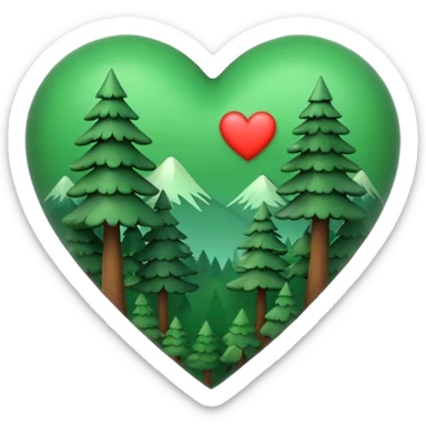 a big green heart emoji  with small pine trees behind it and i love you text on the front of the heart sticker