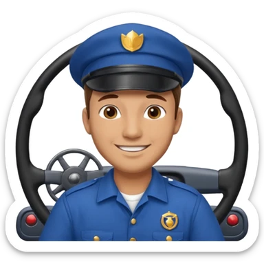 male bus driver, blue uniform, cap, smiling, holding a steering wheel sticker
