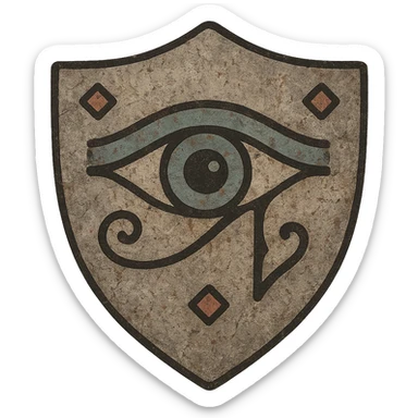 Make the shield with the Eye of Ibad look more ancient, with weathered metal, faded paint, and worn details, keeping the background transparent. sticker