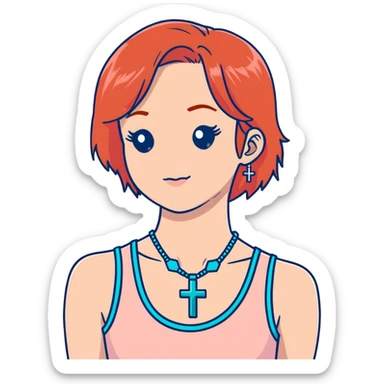 Auburn ginger haired girl with eyelashes wearing a cross necklace and a light coral pink tank top sticker