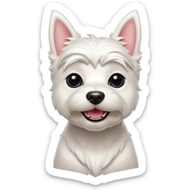 Cinematic Comical West Highland White Terrier Portrait Emoji, Head tilted dramatically with an exaggeratedly shocked or amused expression, featuring a sleek, pristine white coat with perky ears and wide, expressive dark eyes filled with playful disbelief, Simplified yet hilariously expressive features, highly detailed, glowing with a slightly sassy glow, high shine, dramatic yet playful, stylized with an air of cheeky mischief, bright and endearing, soft glowing outline, capturing the essence of a spirited and over-the-top companion, so meme-worthy it feels like it could side-eye its way into internet fame instantly! sticker