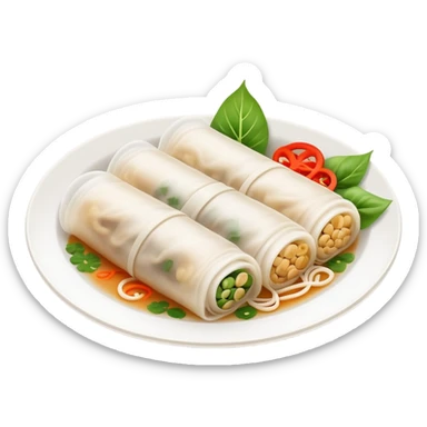 Hangzhou Pian Er Chuan thin rice noodle rolls with fillings, simplified emoji style with bold outlines and bright colors, cartoon style Zhejiang specialty resembling Cheung Fun sticker
