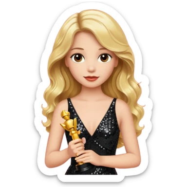 blonde model, brown eyes, long wavy hair, oscars red carpet, black sequin, holding oscar sticker