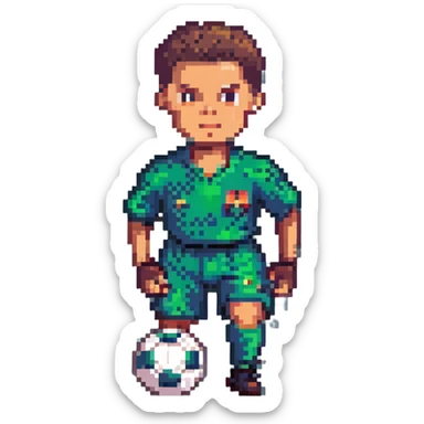 Ronaldo dribbling a soccer ball, retro video game look sticker