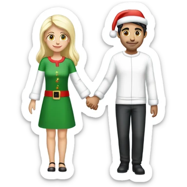 A couple (a handsome young Italian guy with black hair, pretty German/English girl with blonde hair) holding hands wearing matching christmas pajamas and Santa hats sticker
