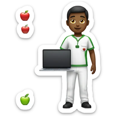 Full body white boy, wearng the apple uniform, and holdin a laptop with apples T&C's sticker