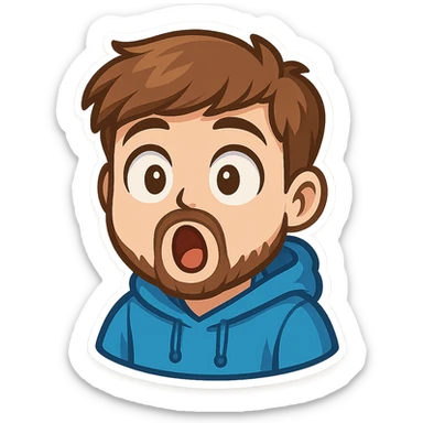 cartoon emoji of MrBeast with surprised face, blue hoodie, trimmed beard, brown hair, YouTube style sticker