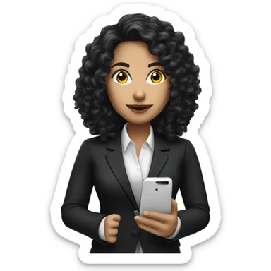corporate white woman, long black curly hair, with a phone, black blazer  sticker