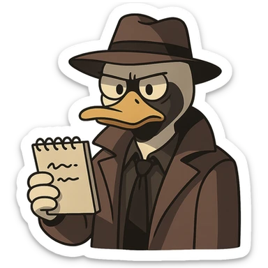 duck detective with classic noir look shadowy lighting serious expression holding a notepad sticker